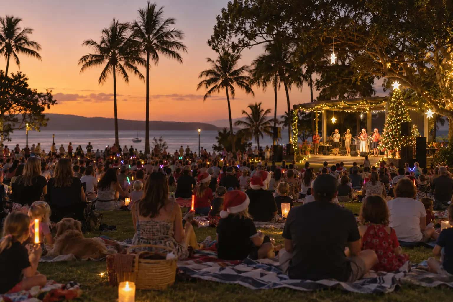 A crowd on picnic rugs facing a lit stage and Christmas tree at dusk