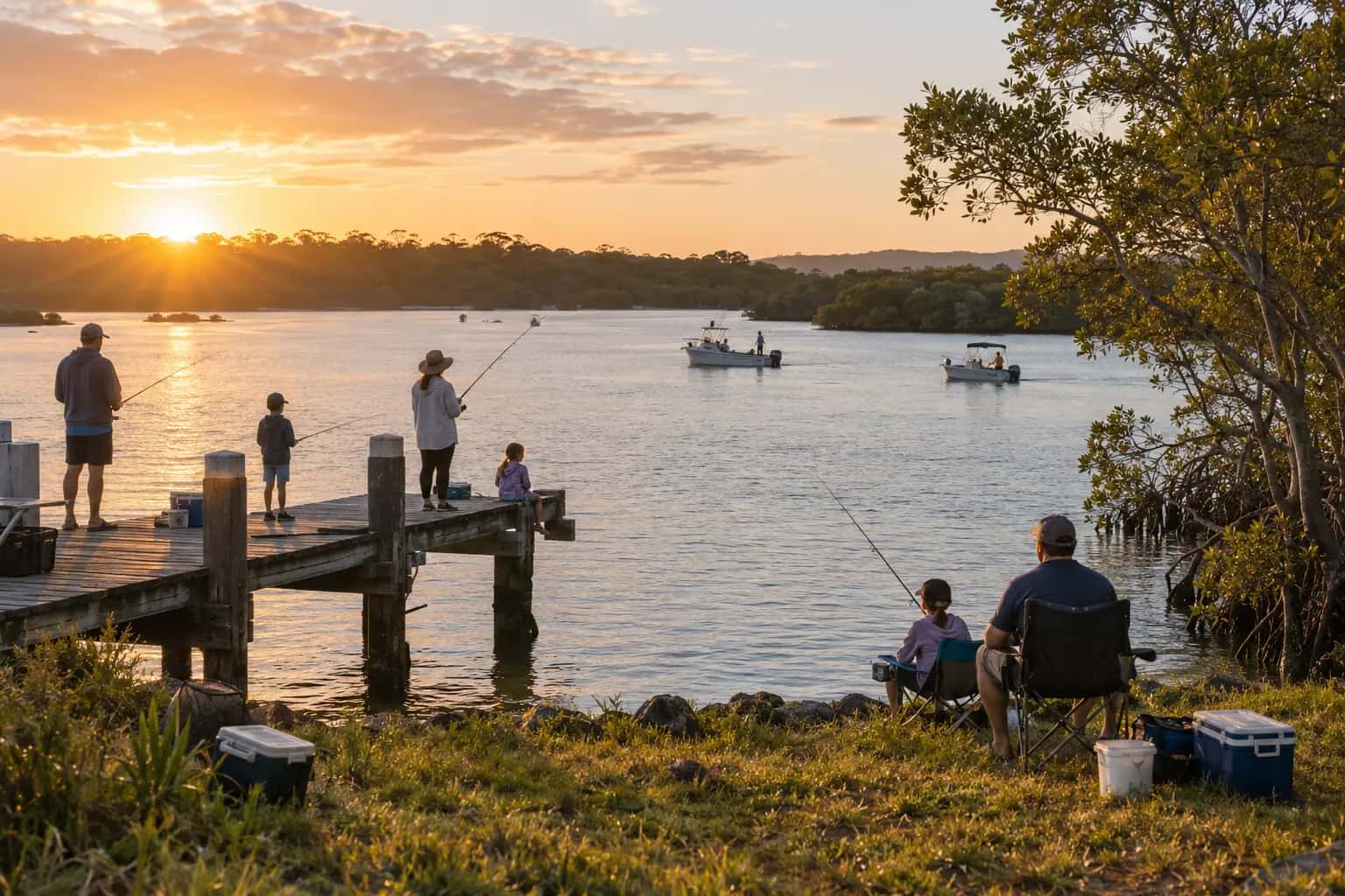 Families fishing from a riverside jetty and riverbank in the early morning