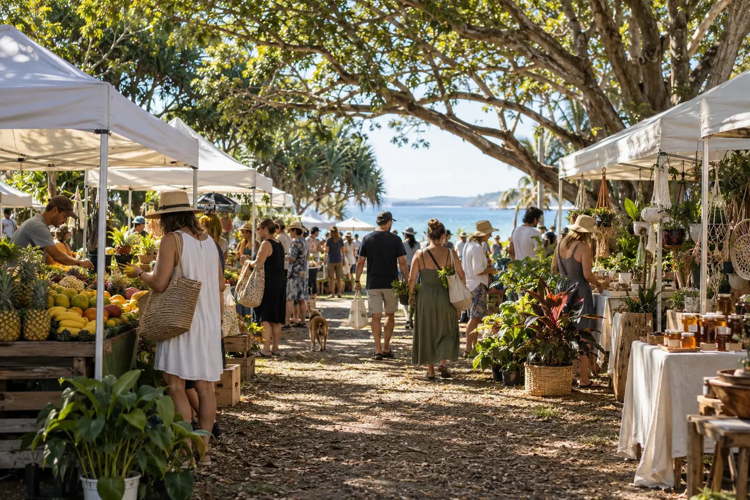 Shoppers walking between shaded market stalls of fruit, plants and handmade goods