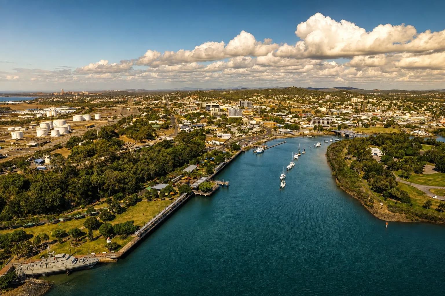 Gladstone city centre and the East Shores parklands beside the harbour